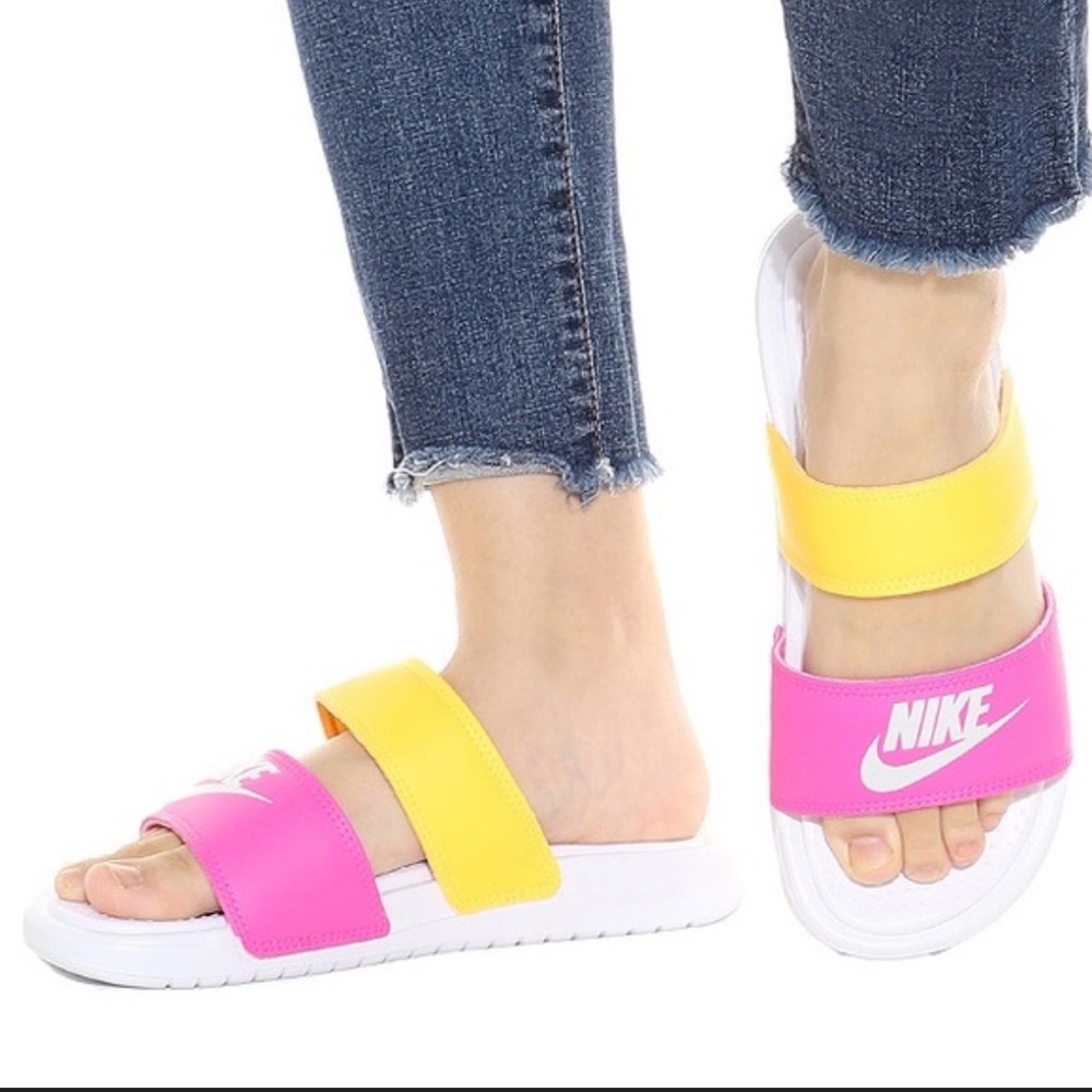 Nike Pink and Yellow Double-Strap Slide Sandals
